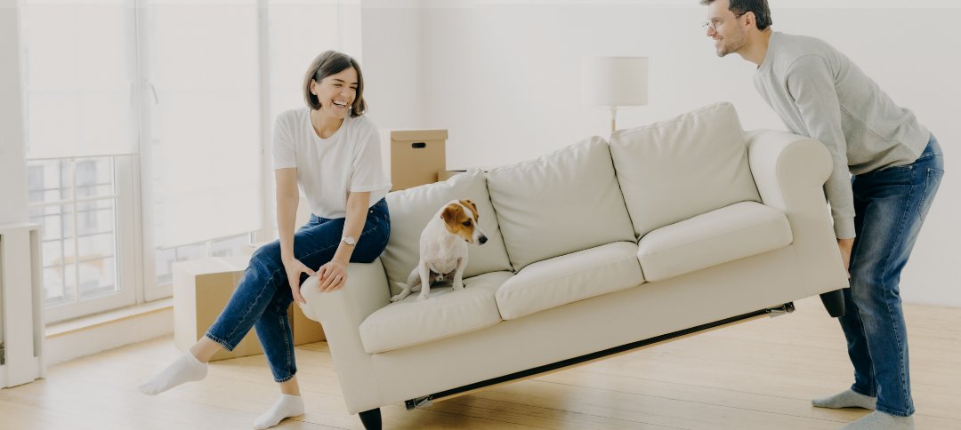 Pareja joven acomodando su sala con su mascota en su nuevo apartamento