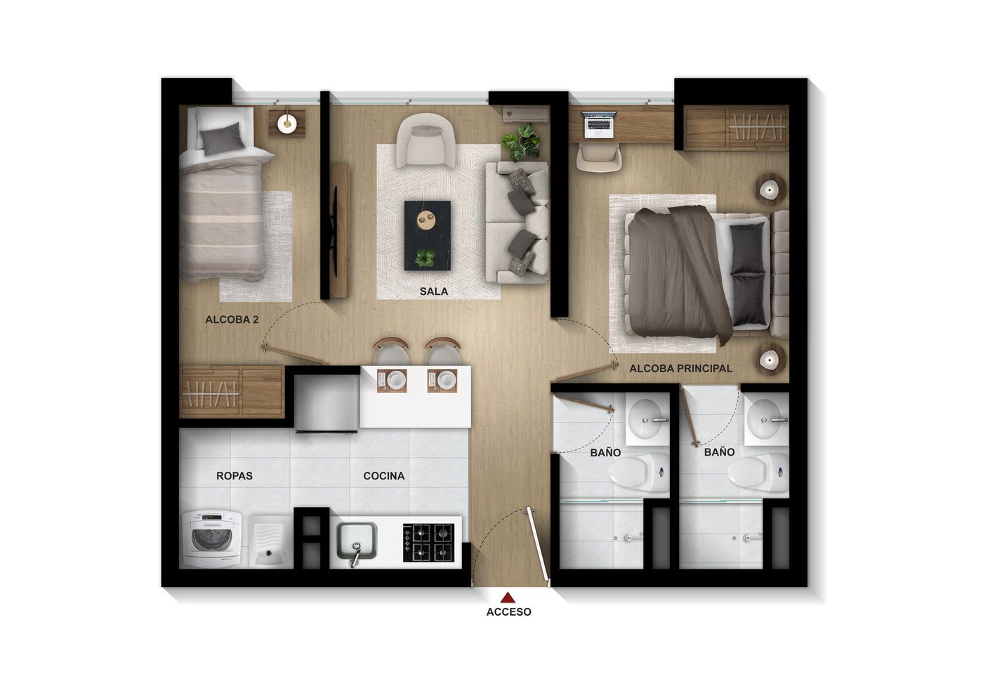 Plano del apartamento tipo 1 con acabados y dos baños terminados