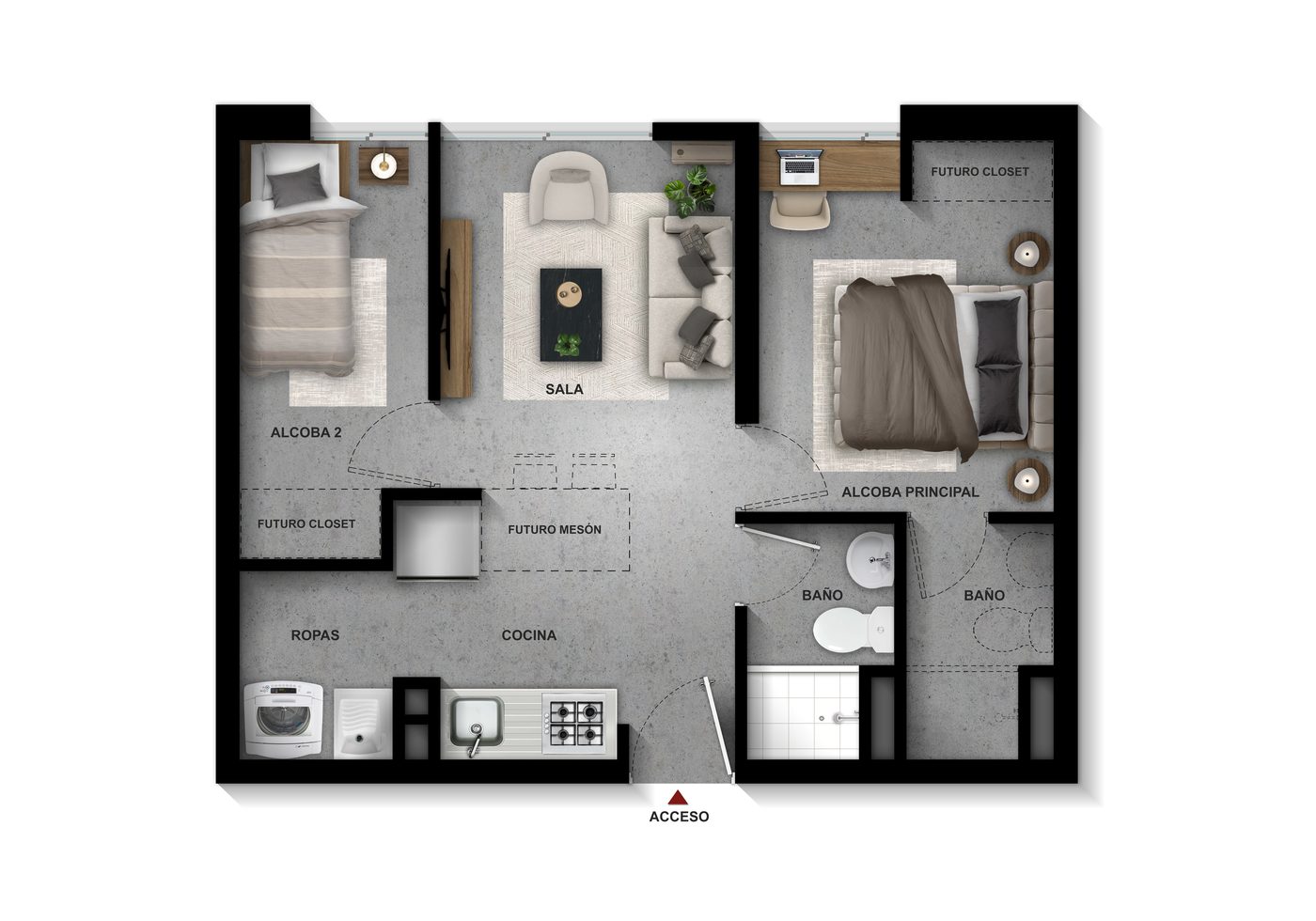 Plano del apartamento tipo 1 en entrega base, con segundo baño en obra gris